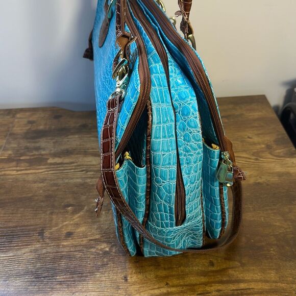 Samantha Brown Blue Croc Embossed Accents Tote Travel Bag Carry On Purse Handbag - Picture 8 of 16